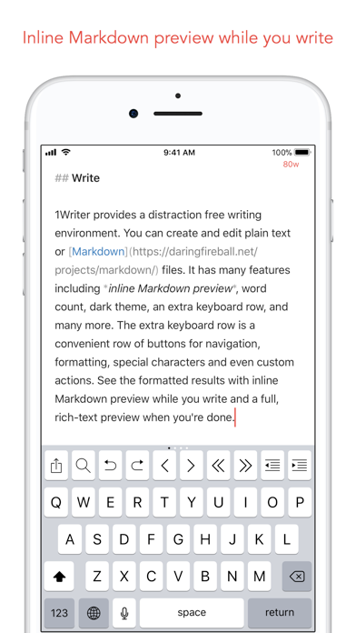 1Writer on iPhone showing inline Markdown formatting and its extra keyboard row
