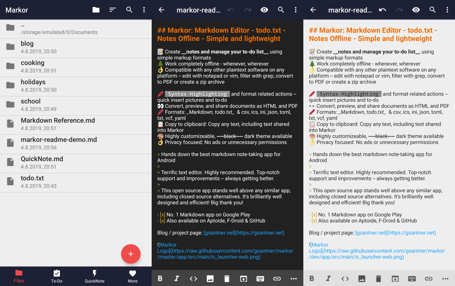 Markor project screenshots showing its file browser and Markdown source in dark and light themes