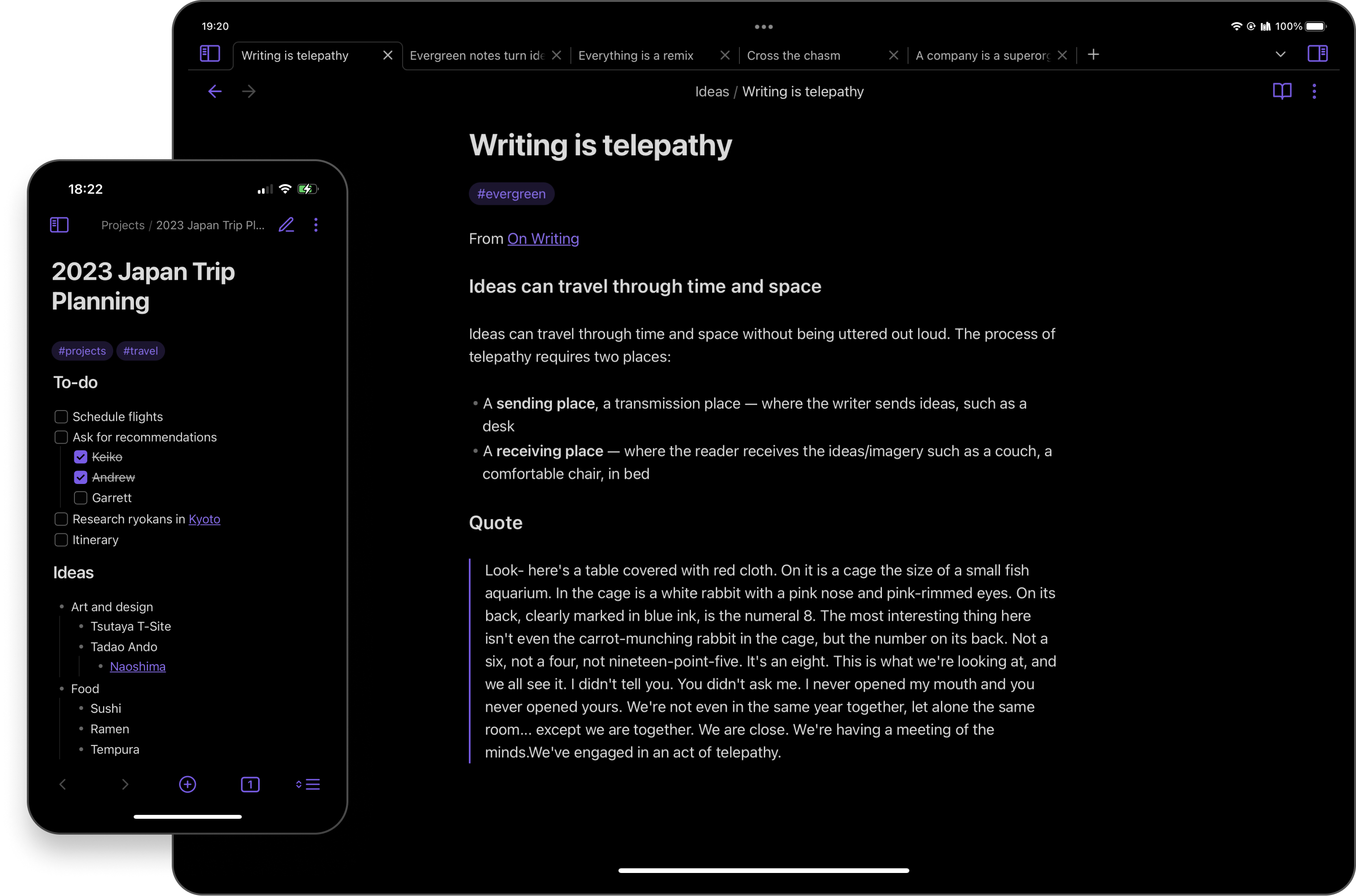 Obsidian publisher screenshot showing linked notes and task lists on iPhone and iPad