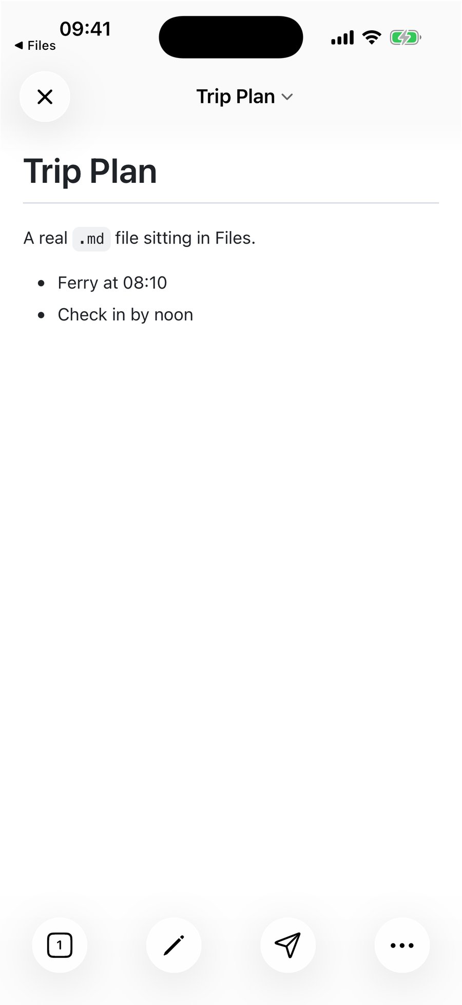 A Markdown trip plan rendered in QuickMark on iPhone with a return-to-Files control